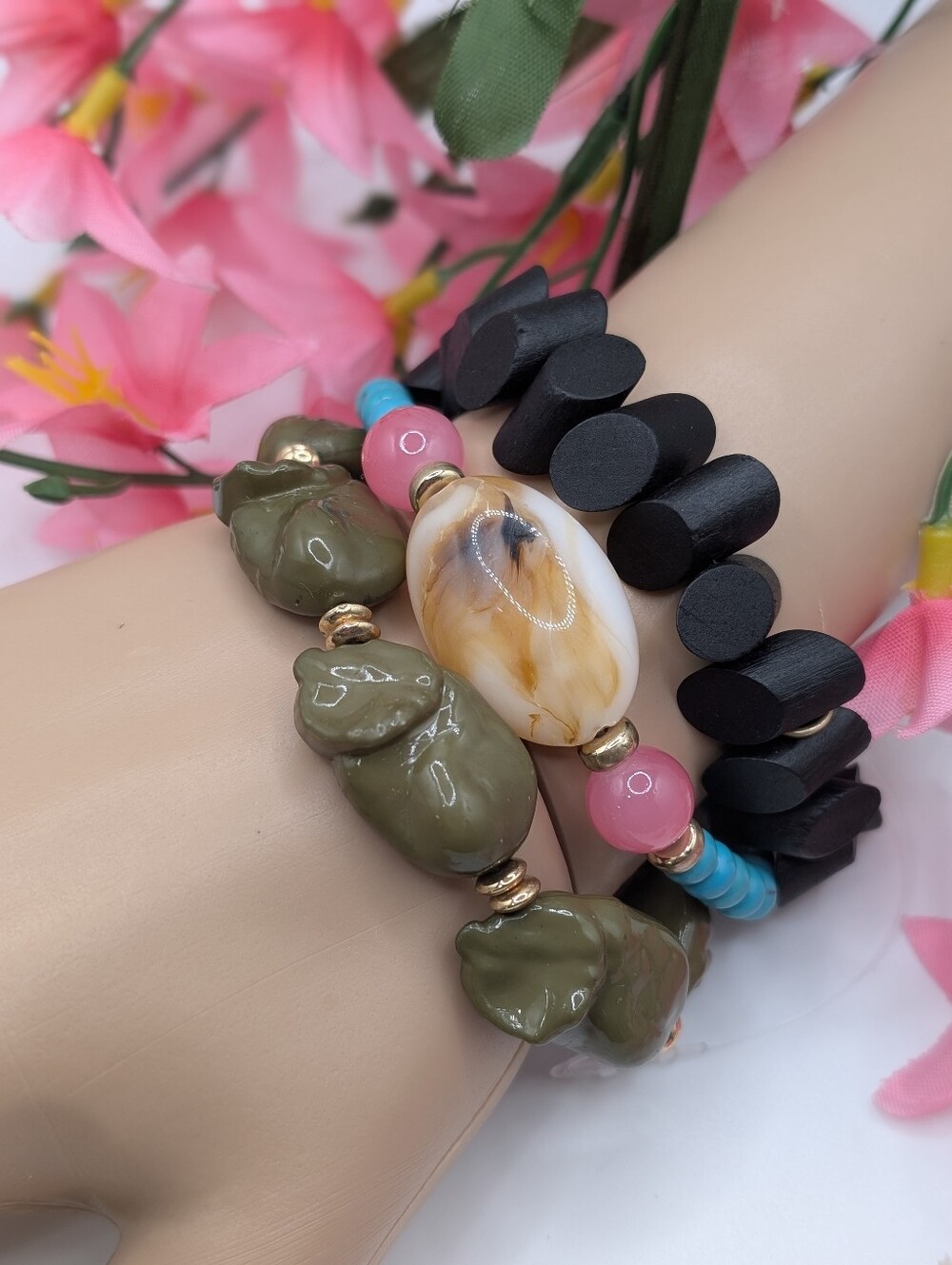Plunder Mixed Bead Stack Bracelet Set in Olive, Black, Pink & Turquoise NEW!